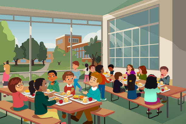A vector illustration of School Children Eating Lunch at School Cafeteria